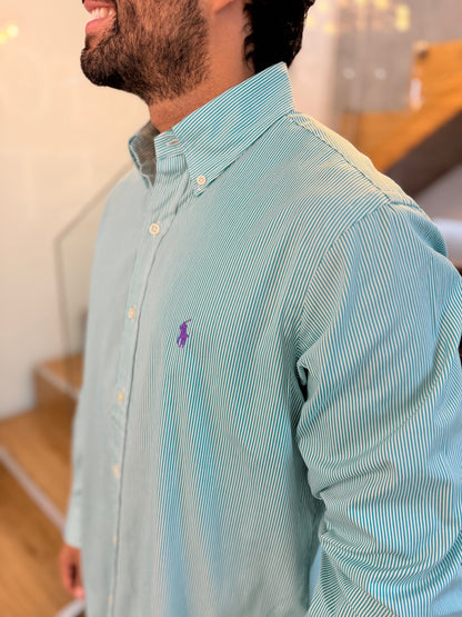 Camisa Polo R.L hombre Algodón Rayas Verde Menta Con Blanco Caballo Morado