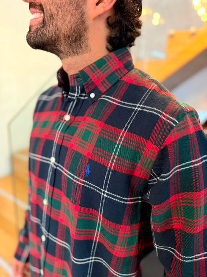 Camisa Polo R.L hombre Algodón Grueso Cuadros Rojos Con Verde Caballo Azul