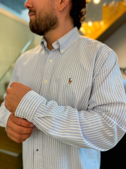 Camisa Polo R.L hombre Oxford  Rayas Azules Caballo Multicolor