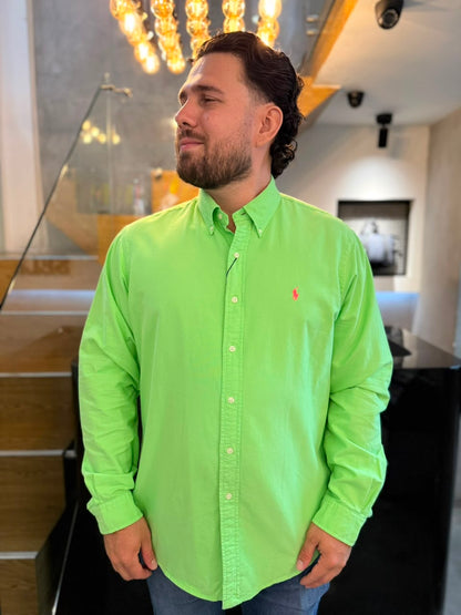 Camisa Polo R.L hombre Oxford  Verde Limón Caballo Rosa Neón