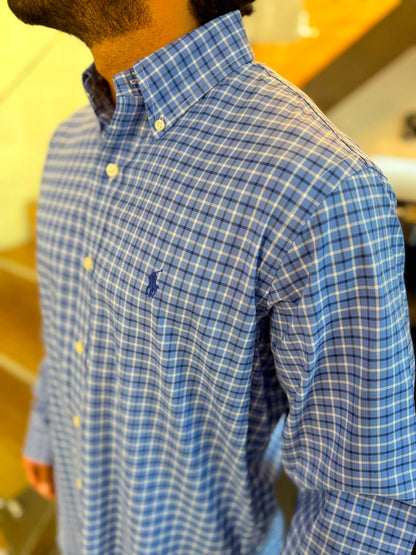 Camisa Polo R.L hombre Algodón Cuadros Azules Caballo Azul