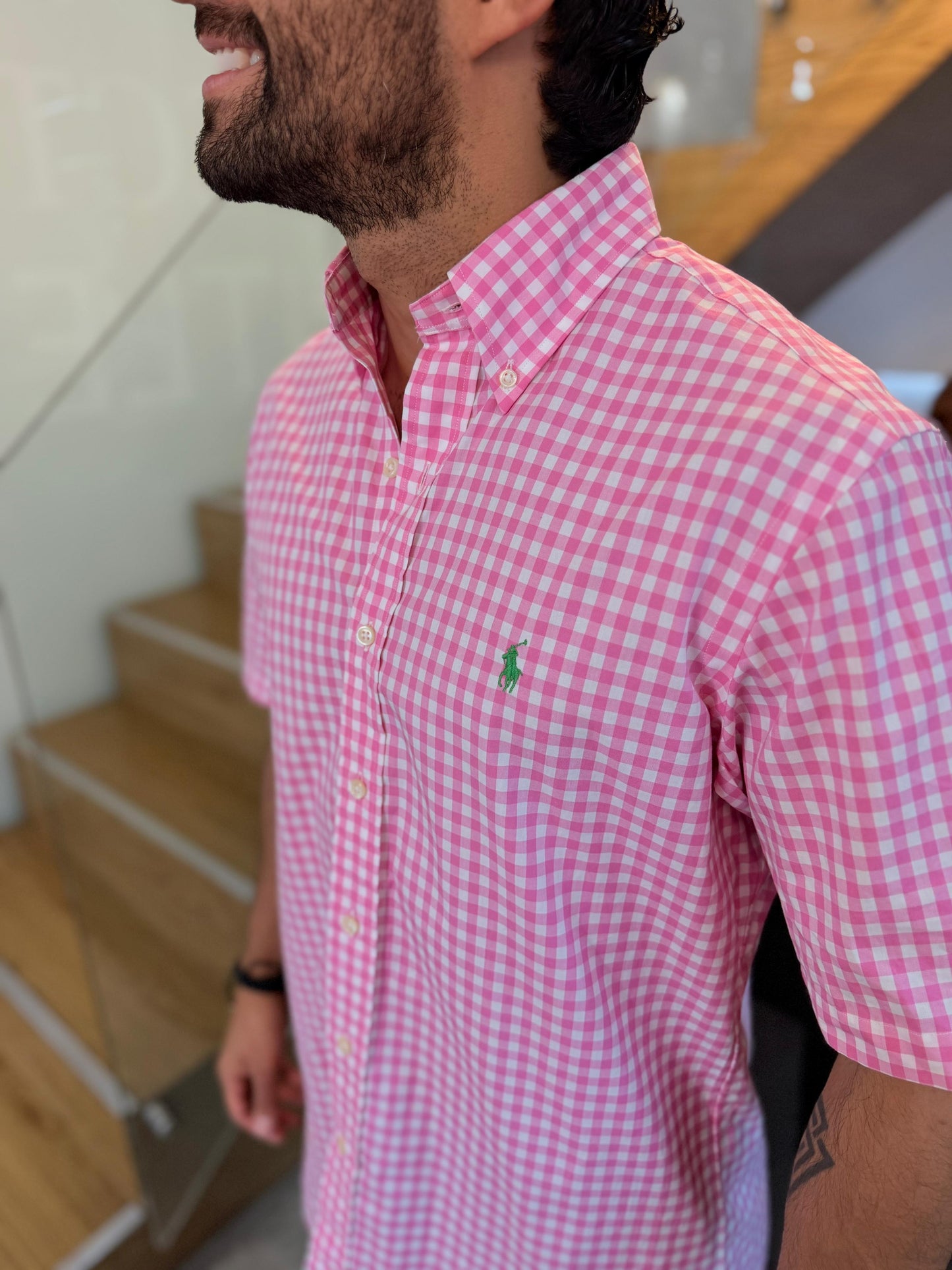 Camisa Polo R.L hombre Manga Corta Algodón Cuadros Rosados Con Blanco Caballo Verde