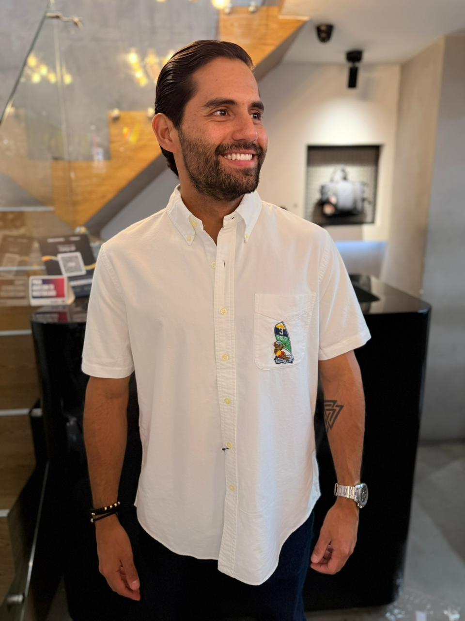 Camisa Polo R.L hombre Manga Corta Oxford Blanca Edición Polo Bear