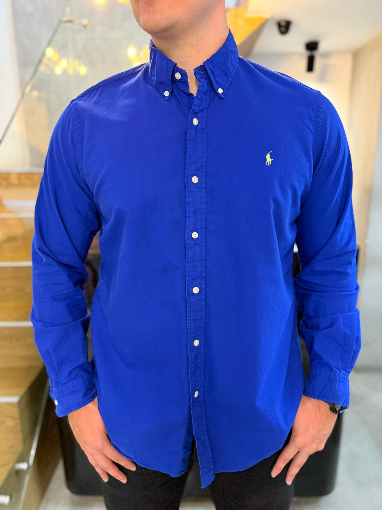 Camisa Polo R.L hombre Oxford Azul Caballo Verde