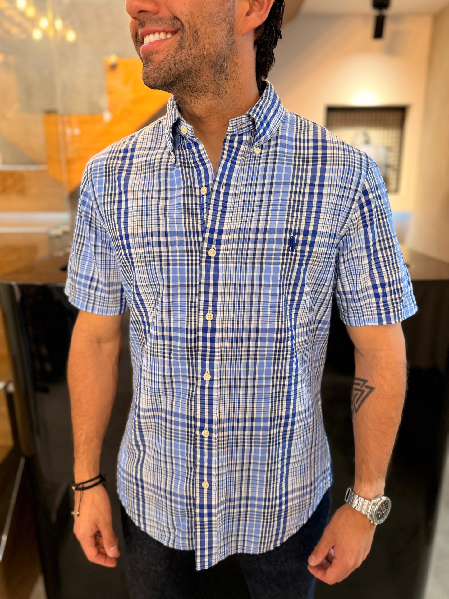 Camisa Polo R.L hombre Galleta Slim Fit Manga Corta Cuadros Azules