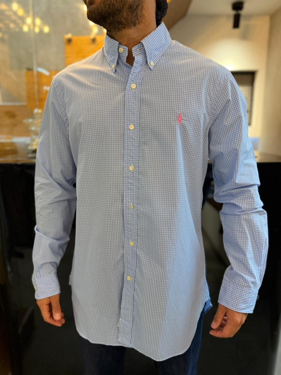 Camisa Polo R.L hombre Algodón Cuadros Azules Caballo Rosado