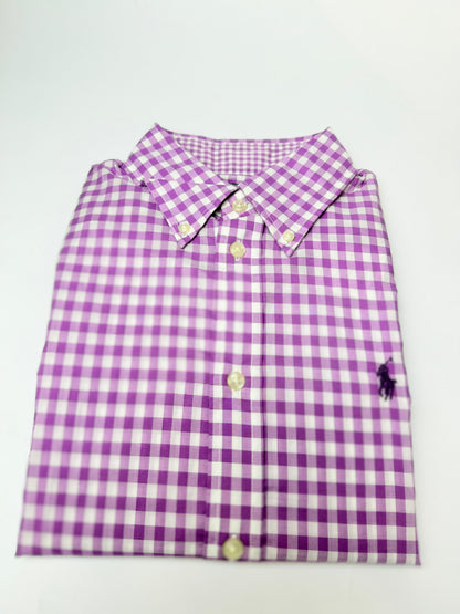 Camisa Polo R.L dama Algodón Slim Fit Cuadros Morados Con Blanco