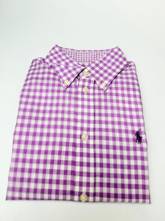 Camisa Polo R.L dama Algodón Slim Fit Cuadros Morados Con Blanco