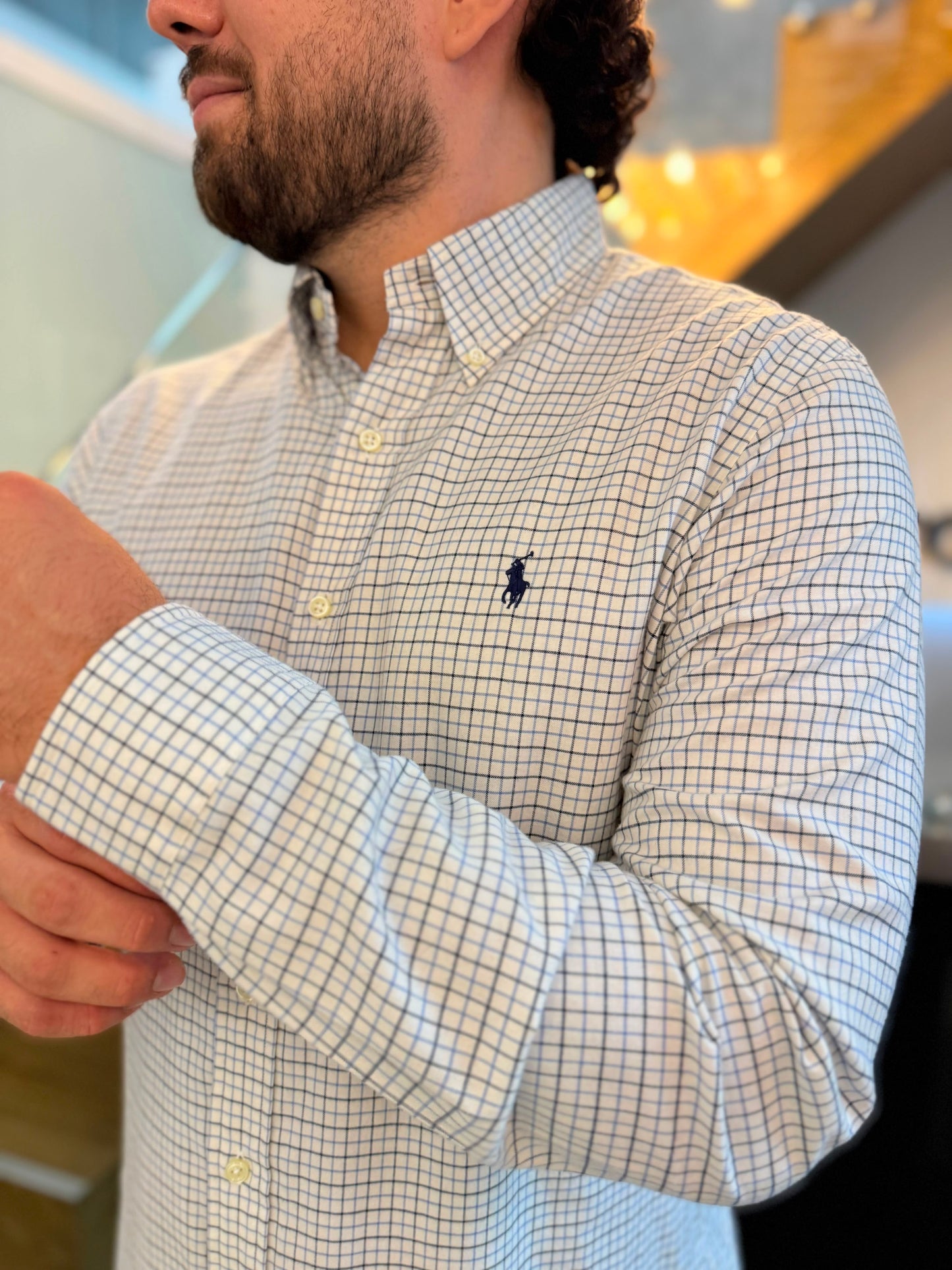 Camisa Polo R.L hombre Algodón Custom Fit Cuadros Blancos Caballo Azul