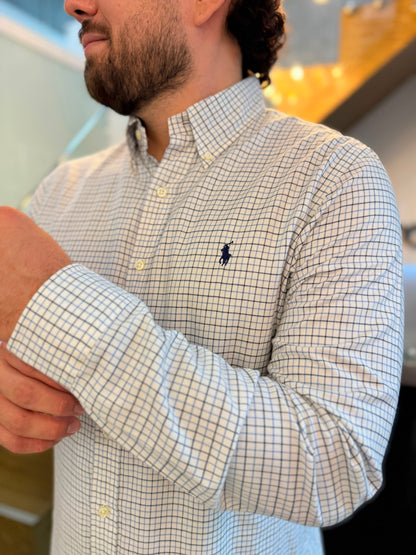 Camisa Polo R.L hombre Algodón Custom Fit Cuadros Blancos Caballo Azul