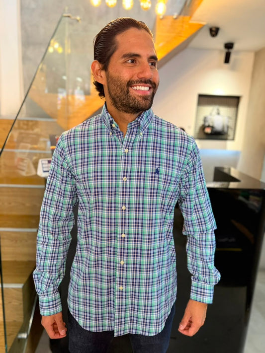 Camisa Polo R.L hombre Algodón Performance Cuadros Azules Con Verde Caballo Azul