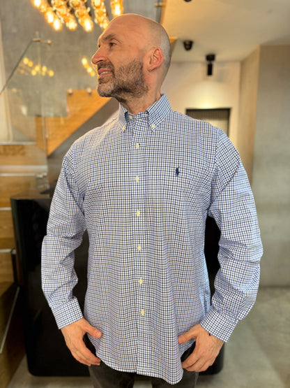 Camisa Polo R.L hombre Algodón Cuadros Azules Con Blanco Caballo Azul