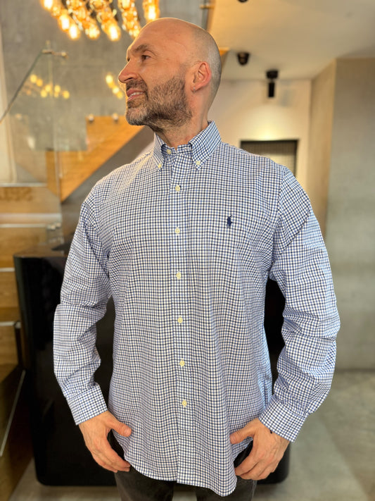 Camisa Polo R.L hombre Algodón Cuadros Azules Con Blanco Caballo Azul