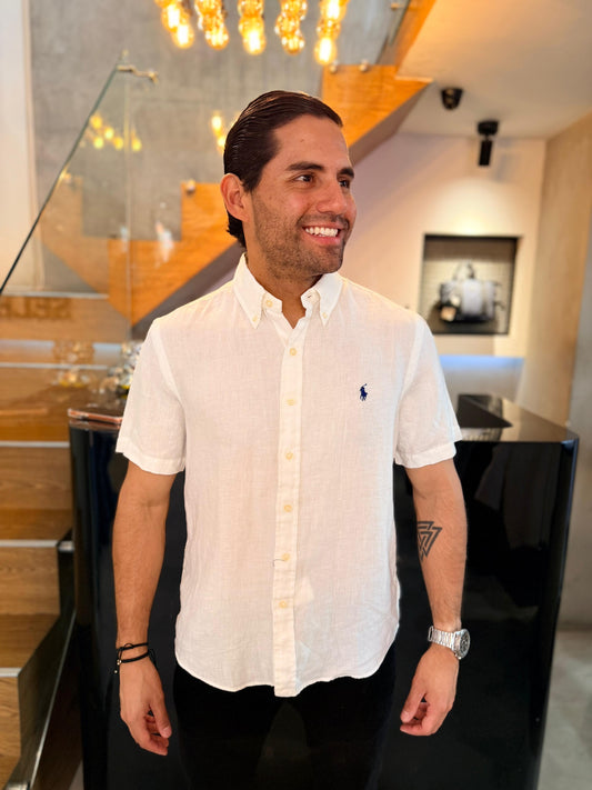 Camisa Polo R.L hombre Lino Manga Corta Blanca