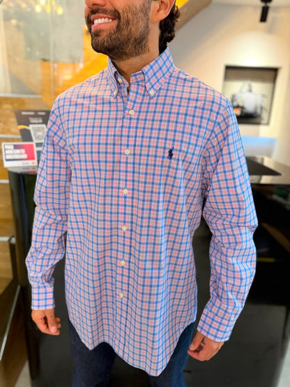 Camisa Polo R.L hombre Algodón Cuadros Rosados Con Celeste Caballo Azul
