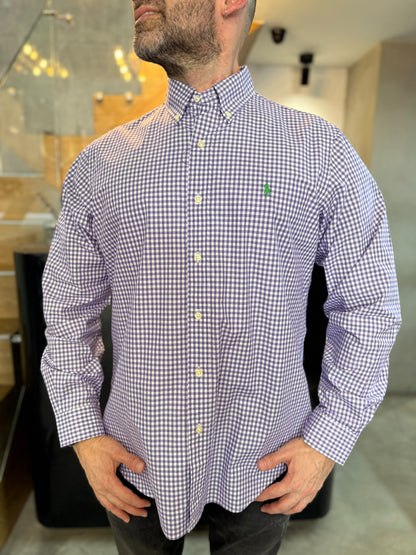 Camisa Polo R.L hombre Algodón Cuadros Morados Con Blanco Caballo Verde