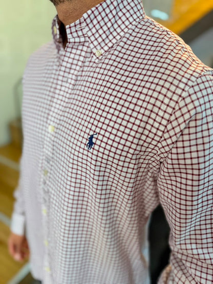 Camisa Polo R.L hombre Algodón Cuadros Blancos Con Vino Tinto Caballo Azul