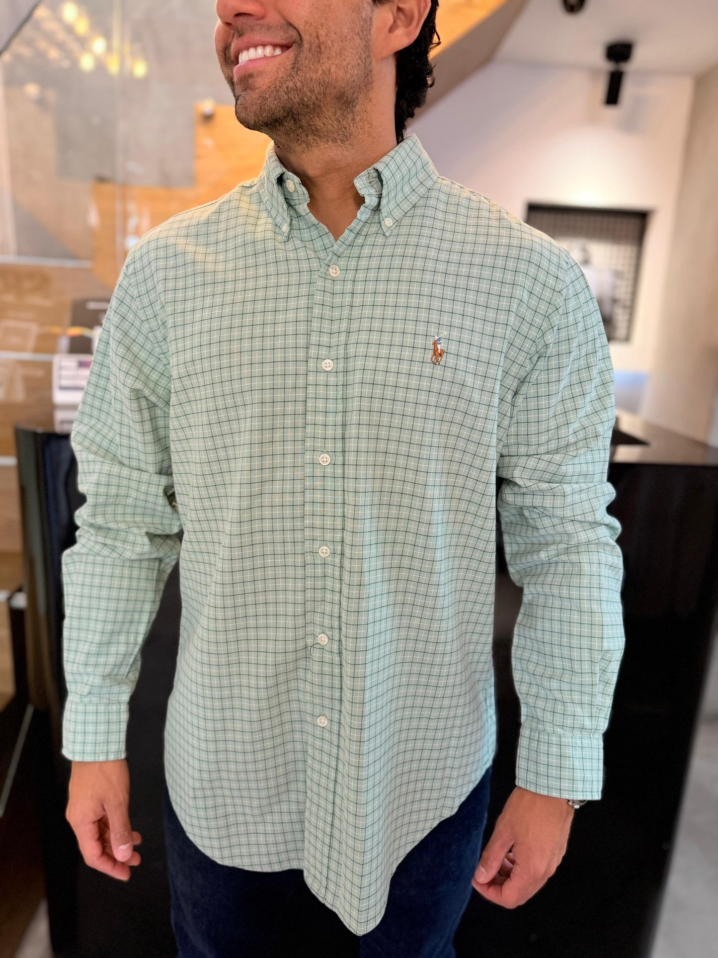 Camisa Polo R.L hombre Oxford Cuadros Verdes Caballo Multicolor
