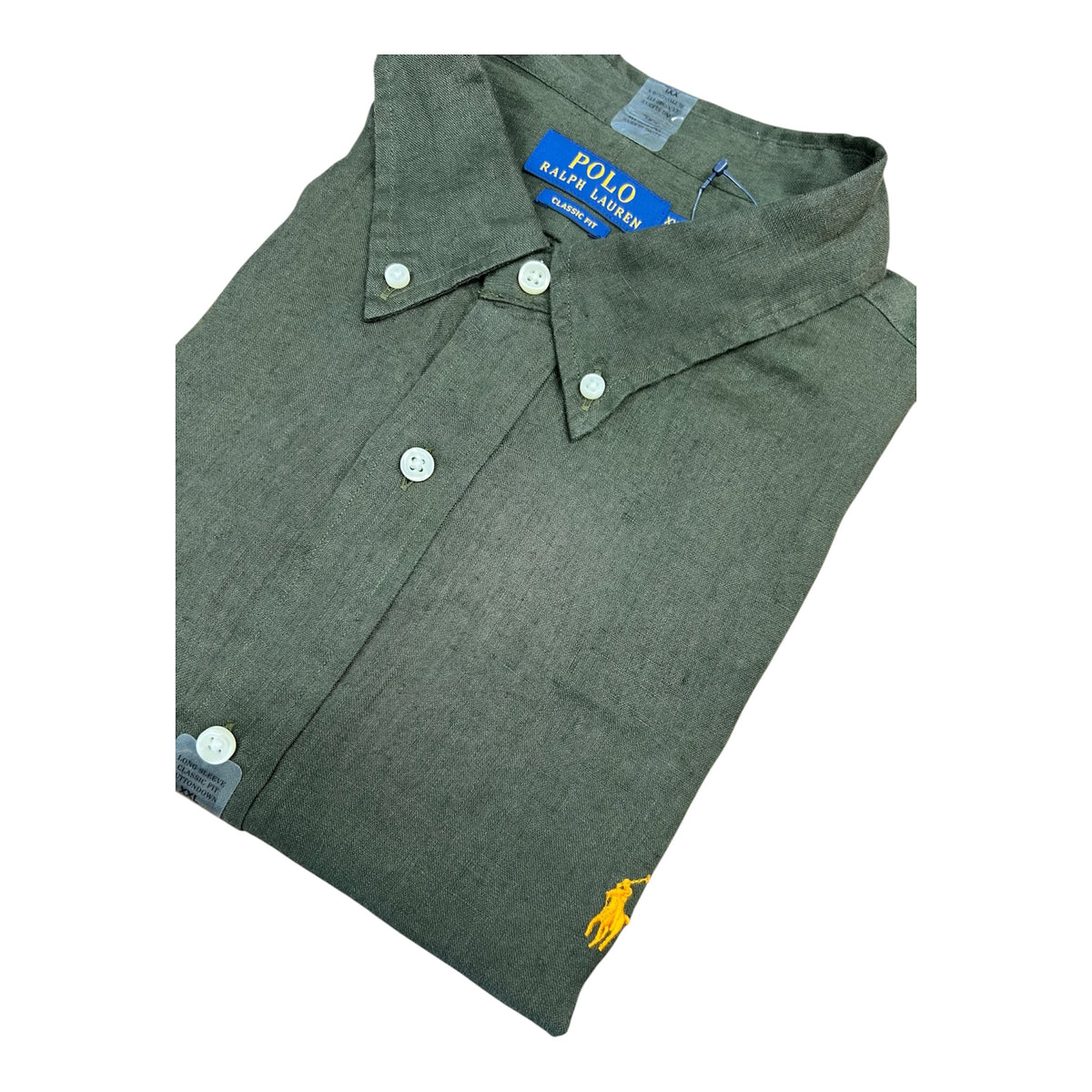 Camisa Polo R.L hombre Lino Verde Militar Caballo Naranja