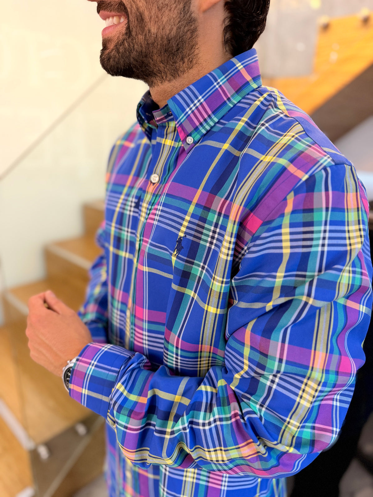 Camisa Polo R.L hombre Algodón Cuadros Azules Con Colores Caballo Azul