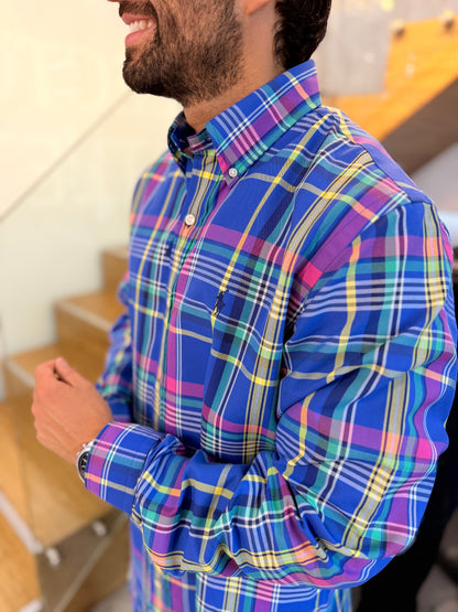 Camisa Polo R.L hombre Algodón Cuadros Azules Con Colores Caballo Azul