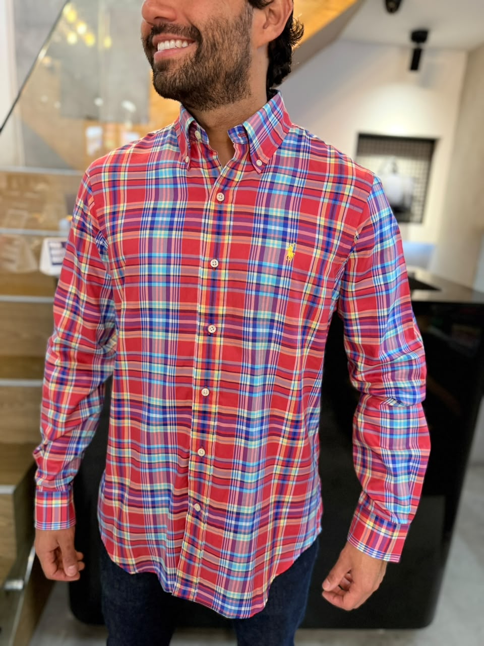 Camisa Polo R.L hombre Algodón Cuadros Coral Caballo Amarilla