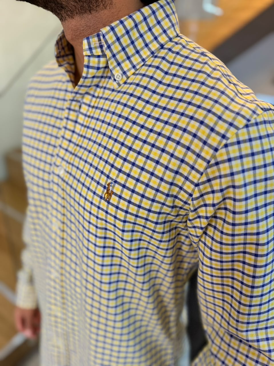 Camisa Polo R.L hombre Oxford Cuadros Amarillos Con Azul Caballo Multicolor