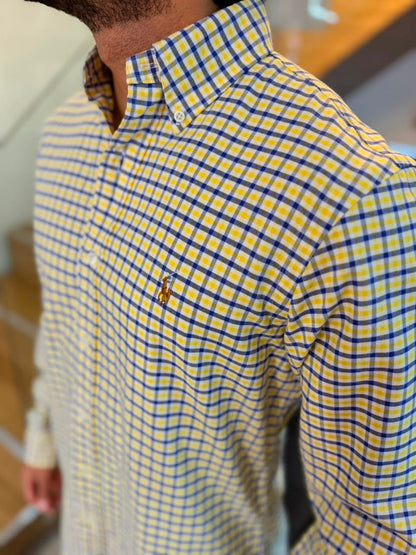 Camisa Polo R.L hombre Oxford Cuadros Amarillos Con Azul Caballo Multicolor