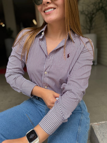 Camisa Polo R.L Dama Algodón Rayas Morado Caballo Morado