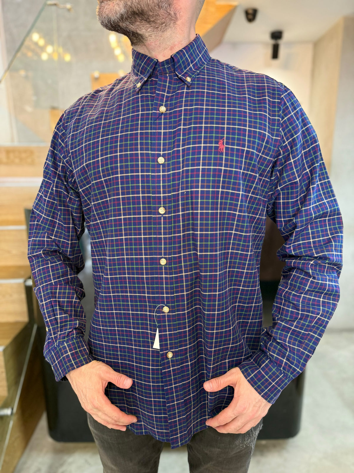 Camisa Polo R.L hombre Algodón Cuadros Azul Oscuro Caballo Rojo