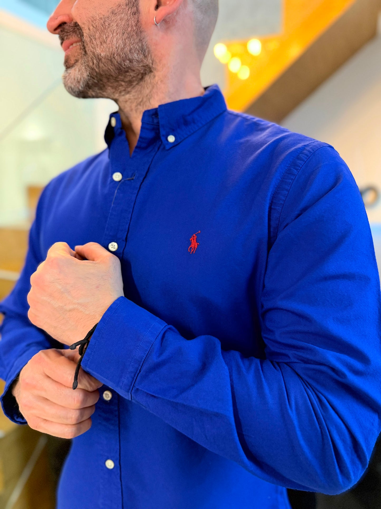 Camisa Polo R.L hombre Slim Fit Oxford Azul Rey Caballo Rojo