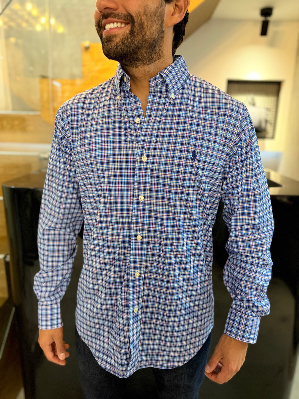 Camisa Polo R.L hombre Algodón Cuadros Azules Caballo Azul