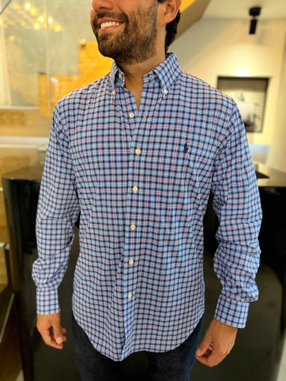 Camisa Polo R.L hombre Algodón Cuadros Azules Caballo Azul