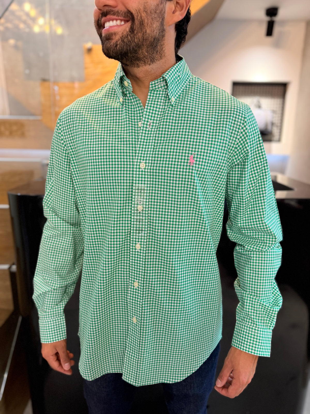 Camisa Polo R.L hombre Algodón Cuadros Verdes Con Blanco Caballo Rosa