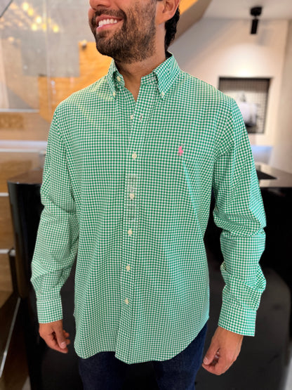 Camisa Polo R.L hombre Algodón Cuadros Verdes Con Blanco Caballo Rosa
