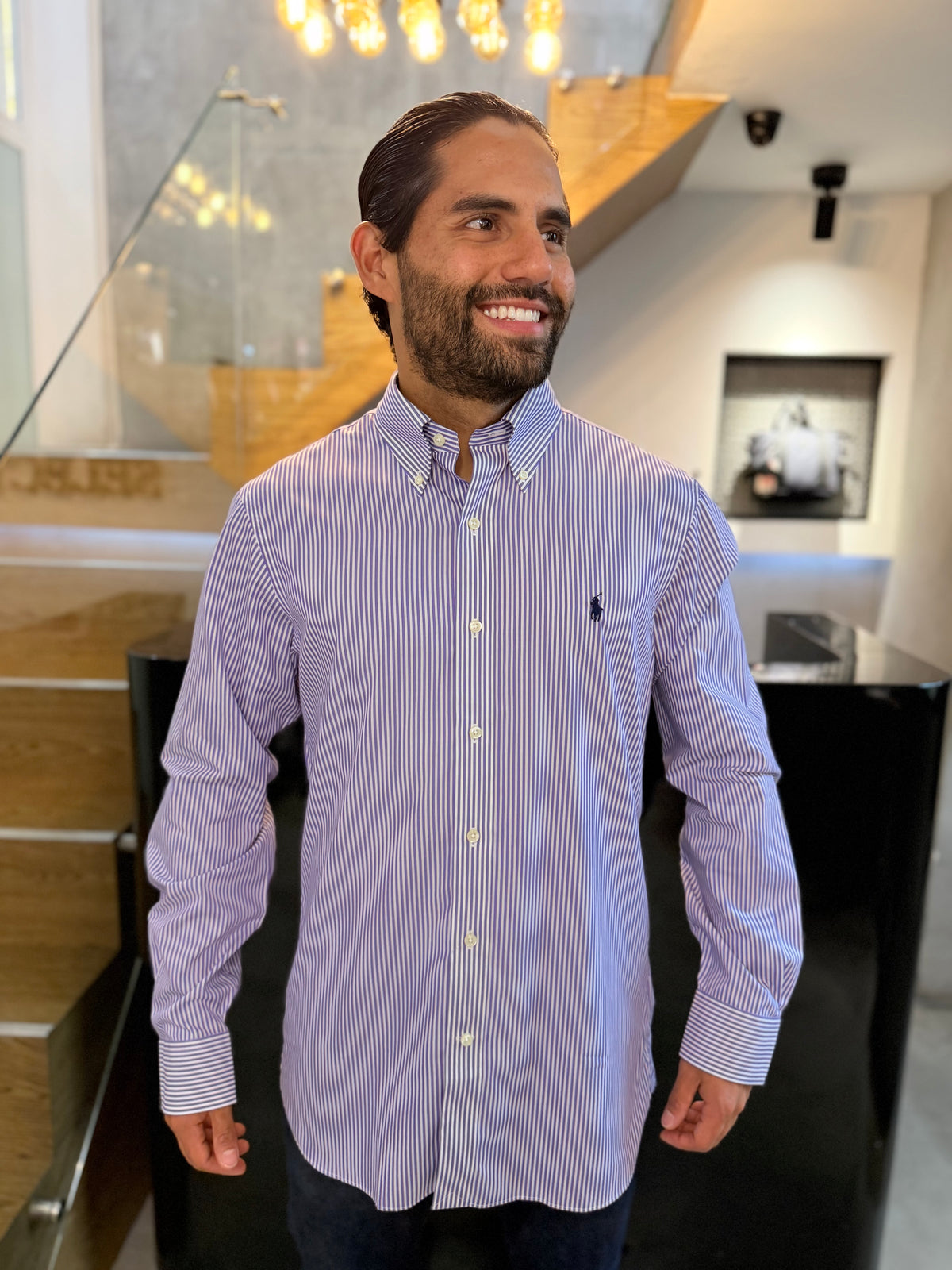 Camisa Polo R.L hombre Algodón Custom Fit Rayas Moradas Con Blanco Caballo Azul