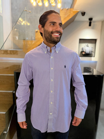 Camisa Polo R.L hombre Algodón Custom Fit Rayas Moradas Con Blanco Caballo Azul