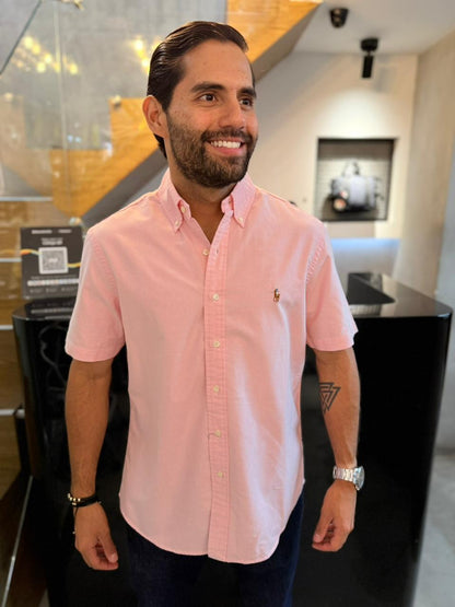 Camisa Polo R.L hombre Manga Corta Oxford Rosada Caballo Multicolor