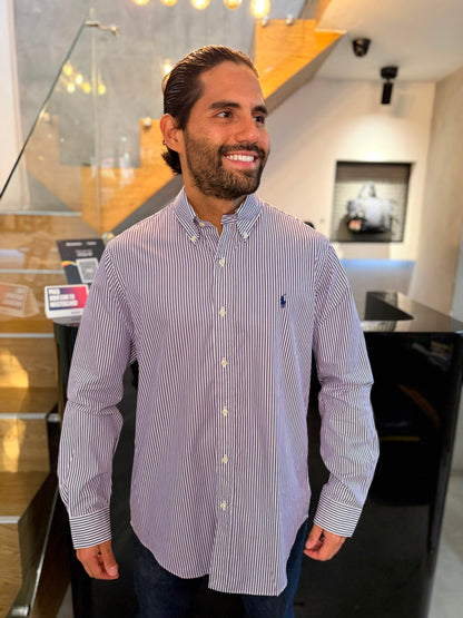 Camisa Polo R.L hombre Algodón Rayas Moradas Con Blanco Caballo Azul