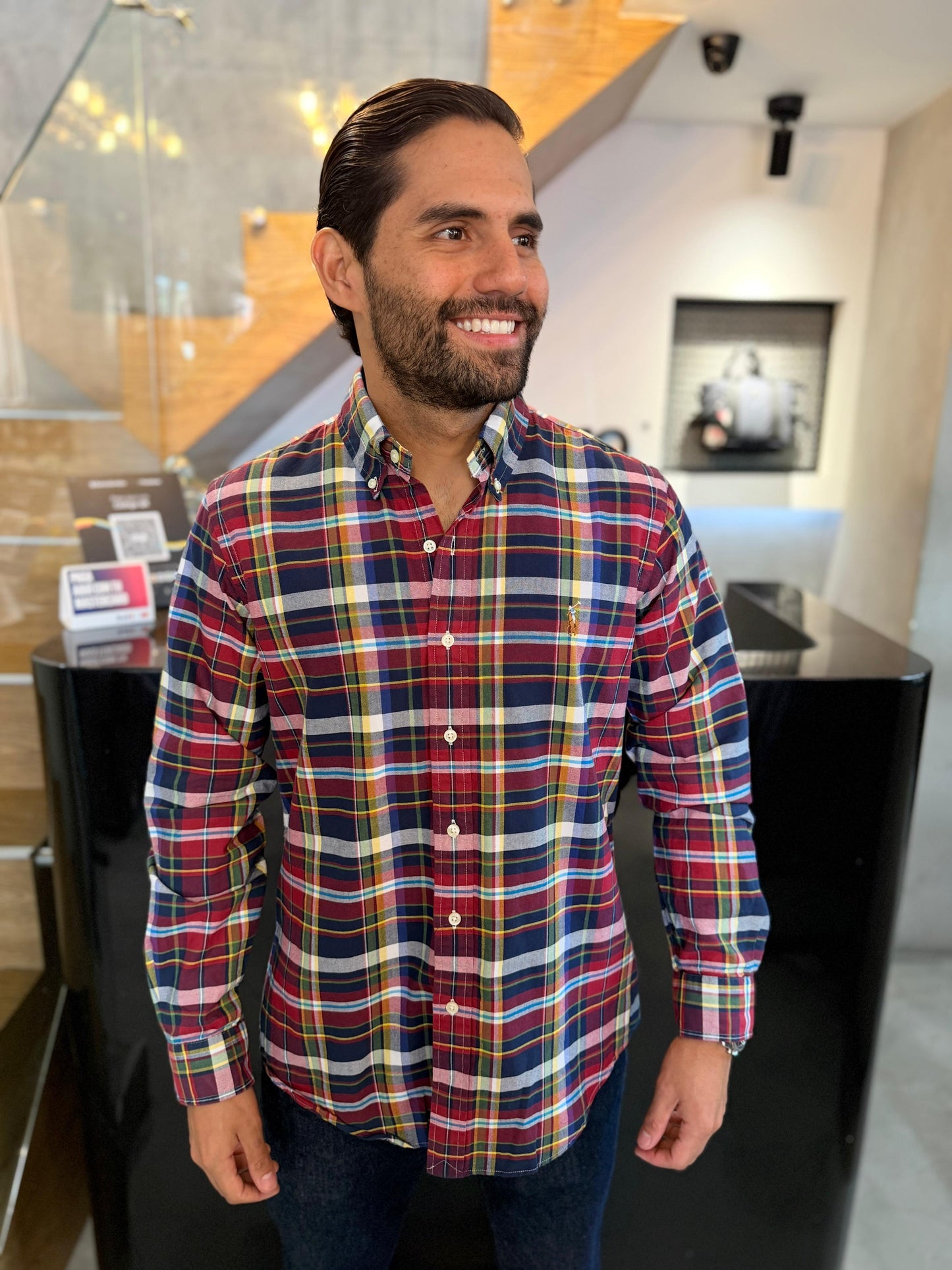 Camisa Polo R.L hombre Oxford Cuadros Rojos Con Azul Oscuro Caballo Multicolor