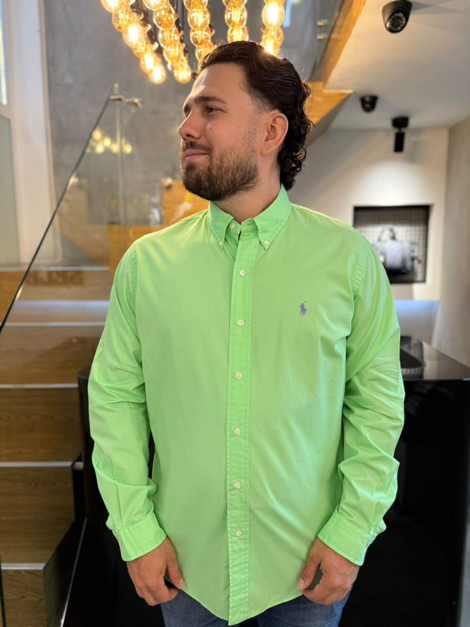 Camisa Polo R.L hombre Algodón Verde Limón Caballo Lila