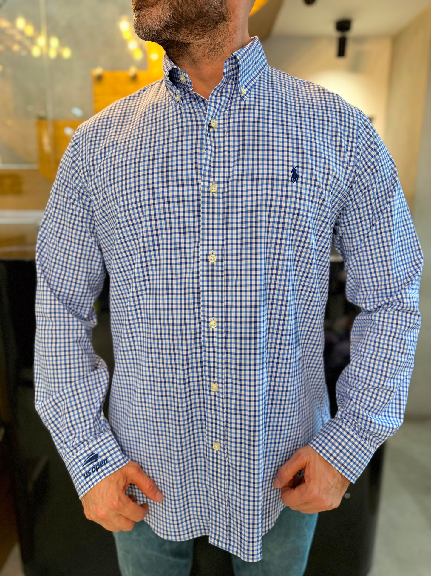 Camisa Polo R.L hombre Algodón Performance Cuadros Azules Con Blanco Caballo Azul