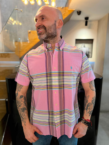 Camisa Polo R.L hombre Lino Manga Corta Rayas Pasteles Caballo Celeste