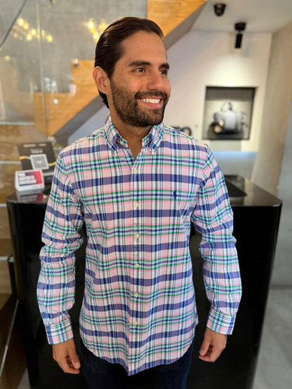 Camisa Polo R.L hombre Oxford Cuadros Rosados Con Azul Caballo Azul
