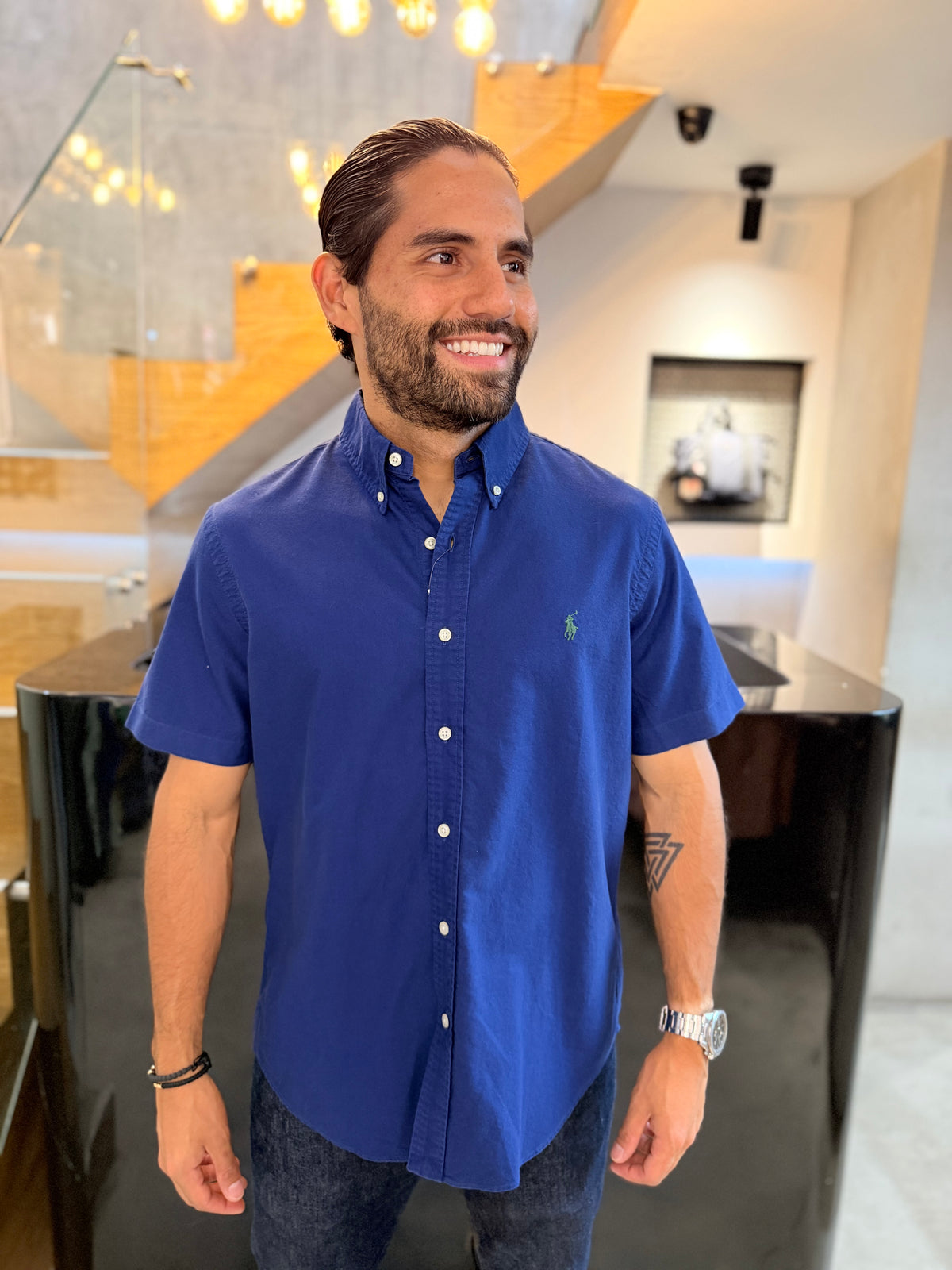Camisa Polo R.L hombre Oxford Manga Corta Azul Rey Caballo Verde