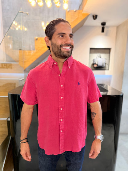Camisa Polo R.L hombre Manga Corta Lino Fucsia Caballo Azul