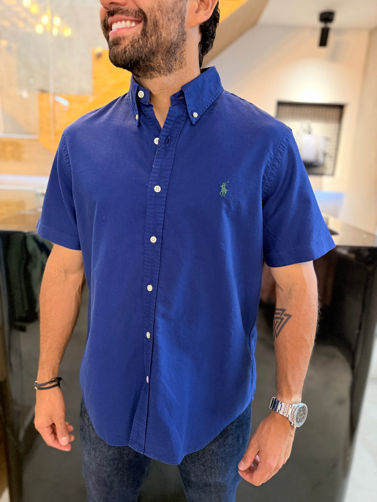 Camisa Polo R.L hombre Oxford Manga Corta Azul Rey Caballo Verde