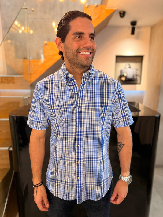 Camisa Polo R.L hombre Galleta Slim Fit Manga Corta Cuadros Azules