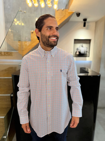 Camisa Polo R.L hombre Algodón Cuadros Blancos Caballo Azul