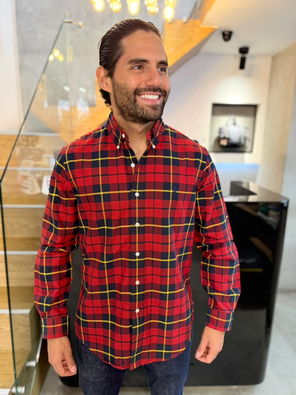Camisa Polo R.L hombre Oxford Cuadros Rojos Con Amarillo Caballo Azul
